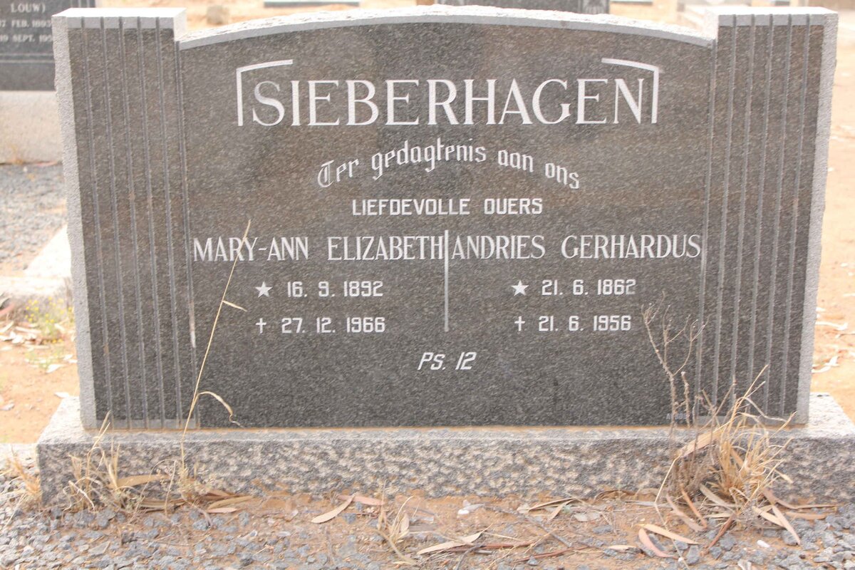 SIEBERHAGEN Andries Gerhardus 1862-1956 &amp; Mary-Ann Elizabeth 1892-1966