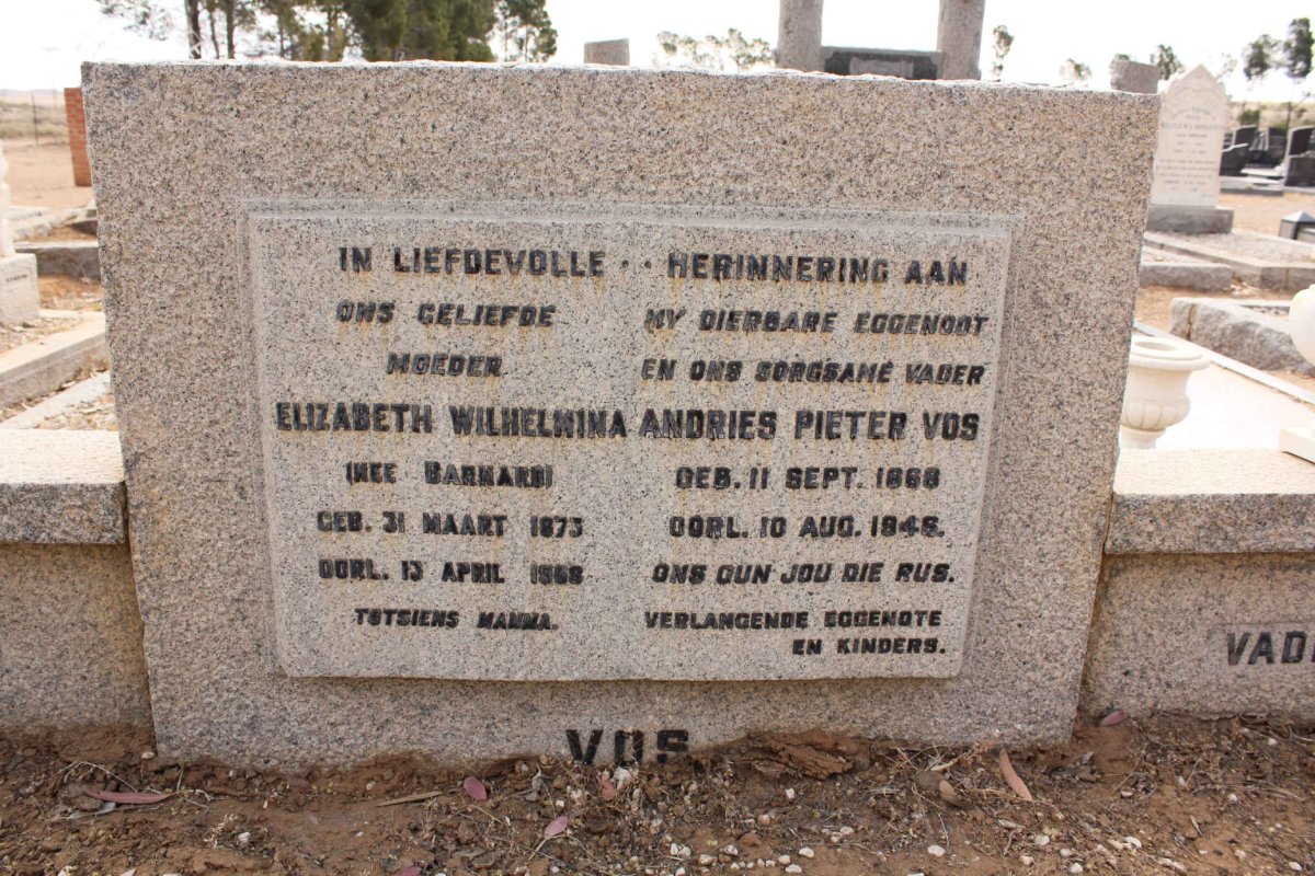 VOS Andries Pieter 1868-1946 &amp;  Elizabeth Wilhelmina BARNARD 1873-1968