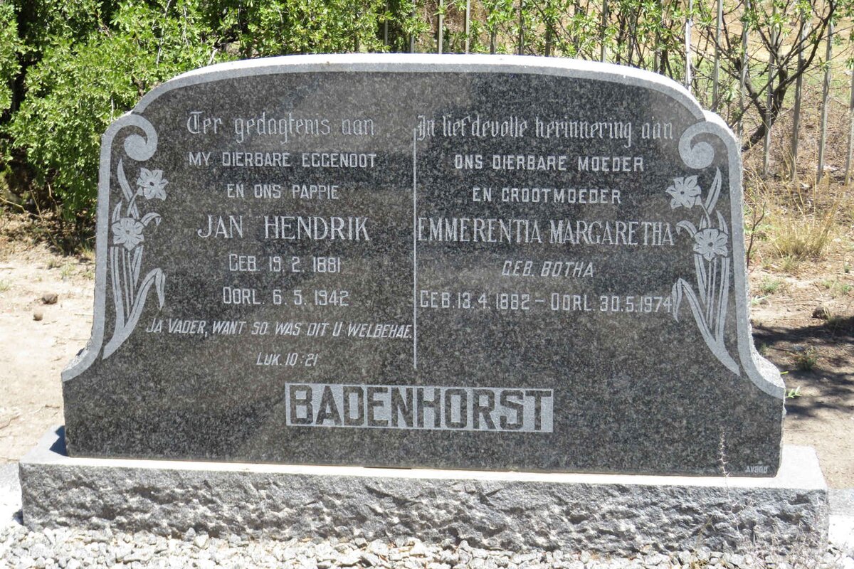BADENHORST Jan Hendrik 1881-1942 &amp; Emmerentia Margaretha BOTHA 1882-1974