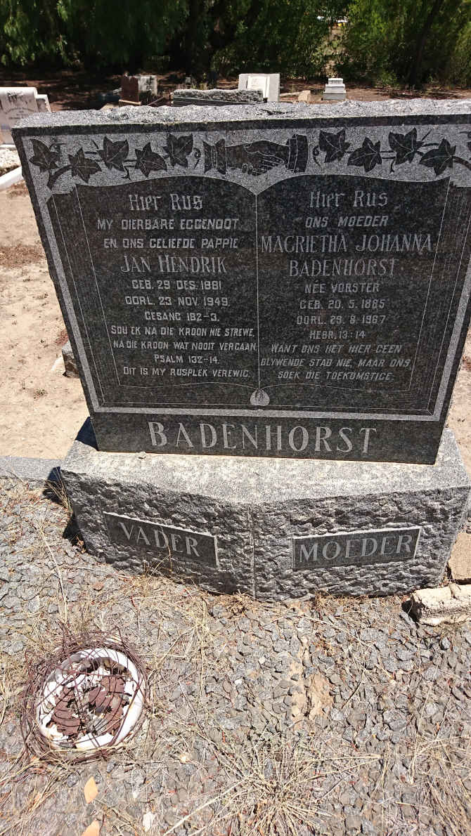 BADENHORST Jan Hendrik 1881-1949 &amp; Magrietha Johanna VORSTER 1885-1967