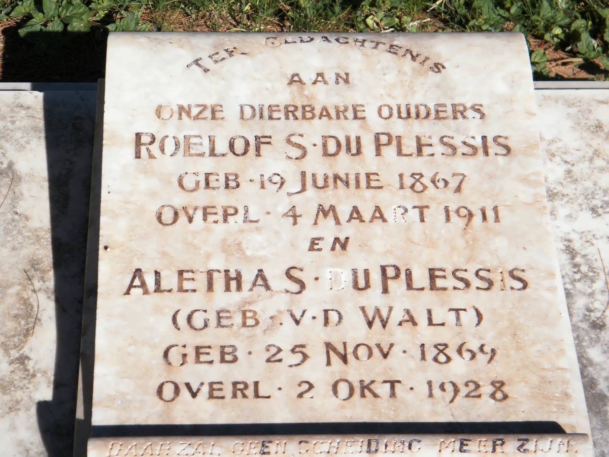 PLESSIS Roelof S., du 1867-1911 &amp; Aletha S. V.D.WALT 1869-1928