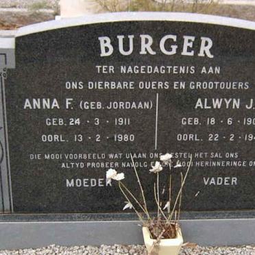 BURGER Alwyn J. 1908-1940 &amp; Anna F. JORDAAN 1911-1980