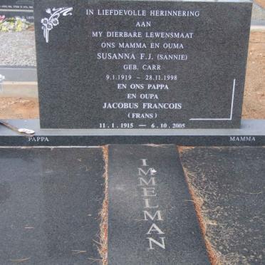 IMMELMAN Jacobus Francois 1915-2005 &amp; Susanna F.J. CARR 1919-1998
