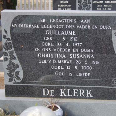KLERK Guillaume, de 1912-1977 &amp; Christina Susanna V.D. MERWE 1918-2000