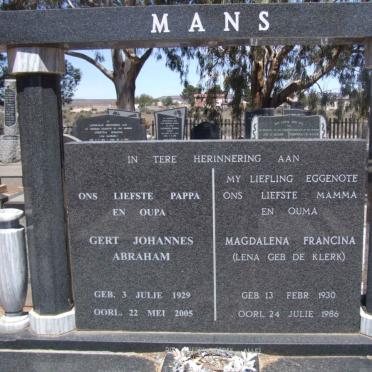 MANS Gert Johannes Abraham 1929-2005 &amp; Magdalena Francina DE KLERK 1930-1986