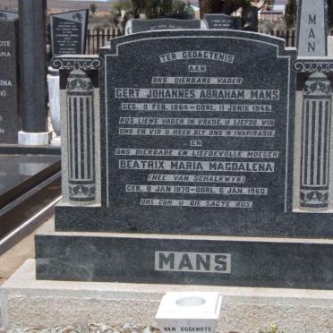 MANS Gert Johannes Abraham 1864-1946 &amp; Beatrix Maria Magdalena VAN SCHALKWYK 1870-1960