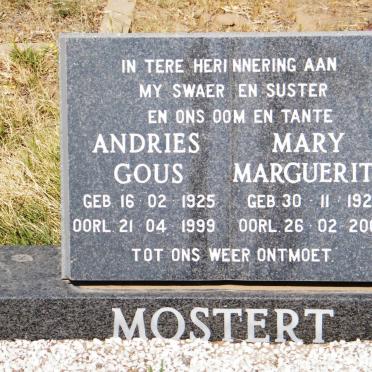 MOSTERT Andries Gous 1925-1999 &amp; Mary Marguerite 1924-2000