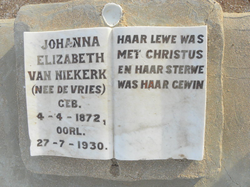 NIEKERK Johanna Elizabeth, van nee de VRIES 1872-1930