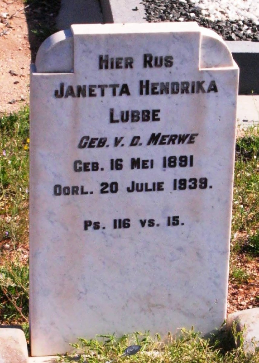 LUBBE Janetta Hendrika nee v.d. MERWE 1891-1939