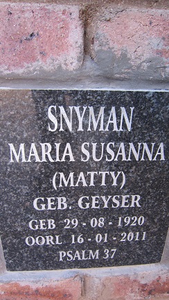 SNYMAN Maria Susanna nee GEYSER 1920-2011