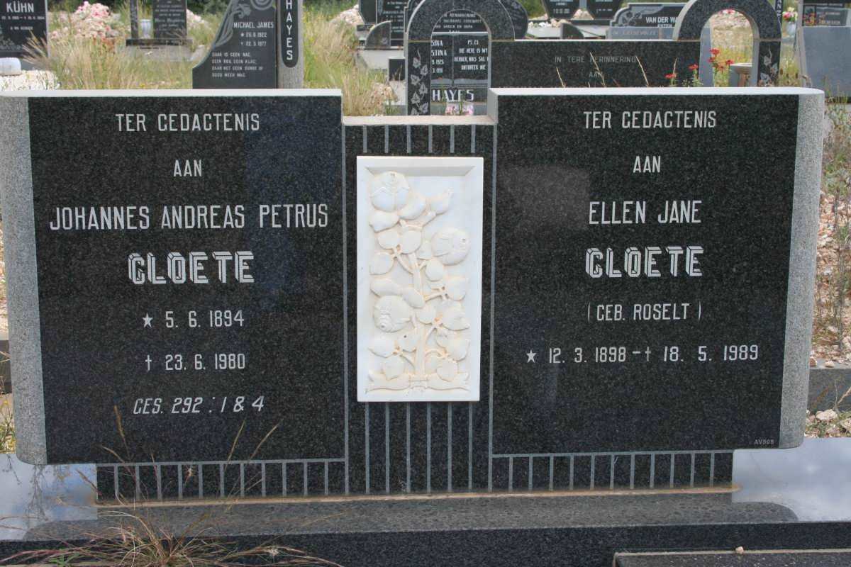 CLOETE Johannes Andreas Petrus 1894-1980 &amp; Ellen Jane ROSELT 1898-1989