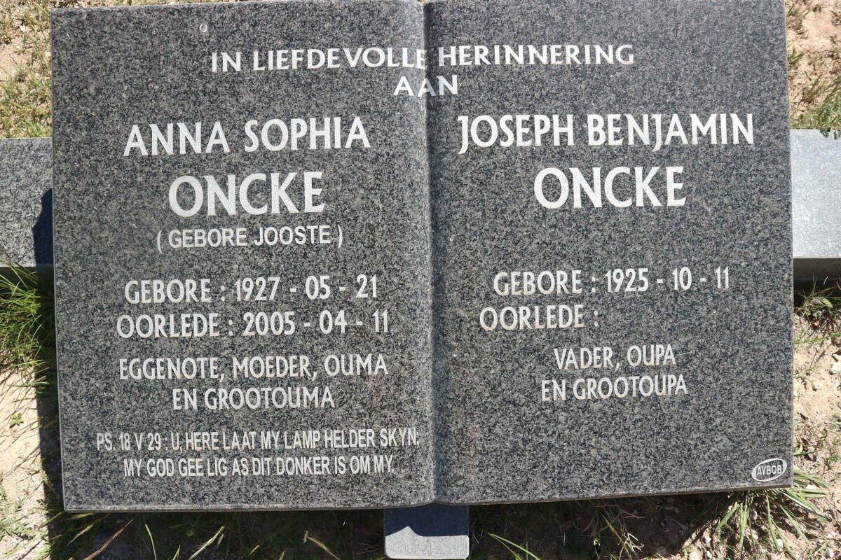 ONCKE Joseph Benjamin 1925- &amp; Anna Sophia JOOSTE 1927-2005