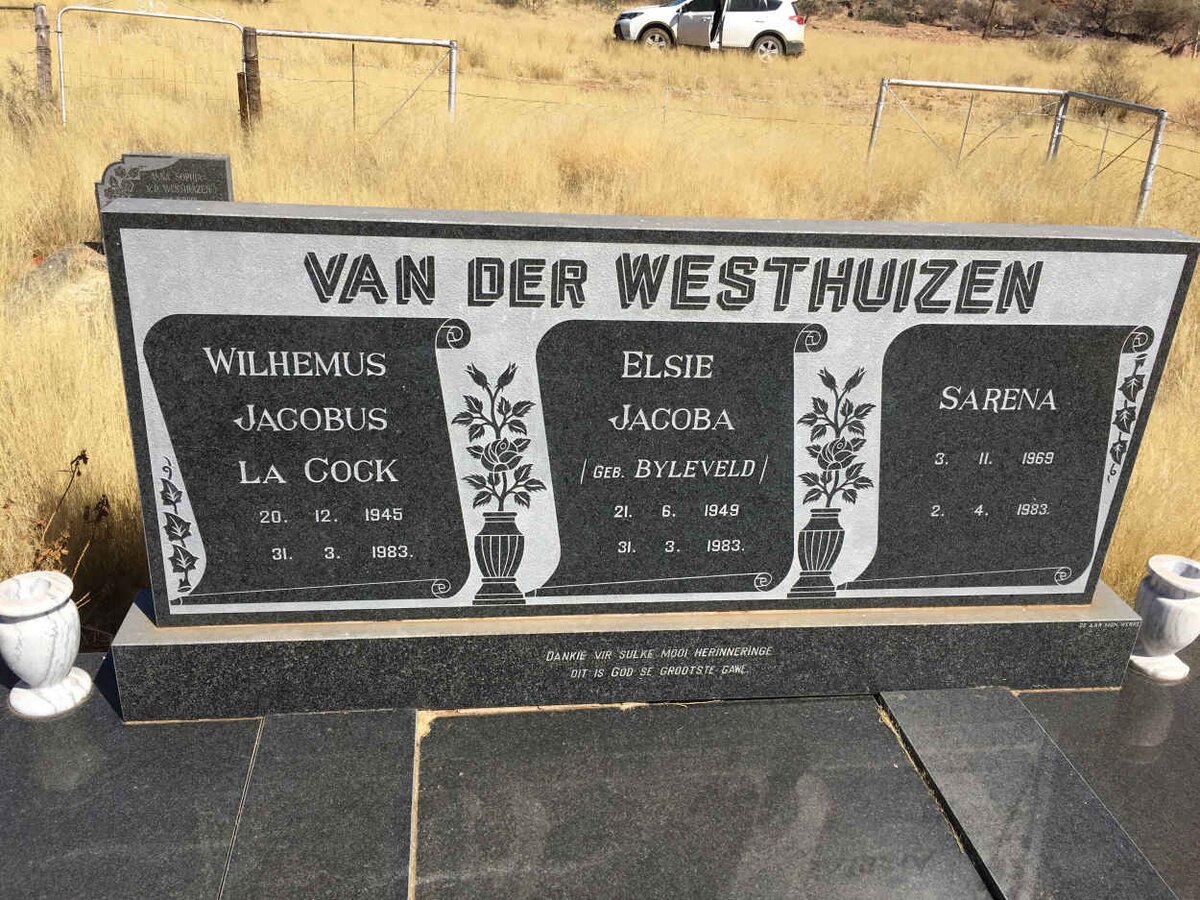 WESTHUIZEN Wilhemus Jacobus la Cock, van der 1945-1983 &amp; Elsie Jacoba BYLEVELD 1949-1983