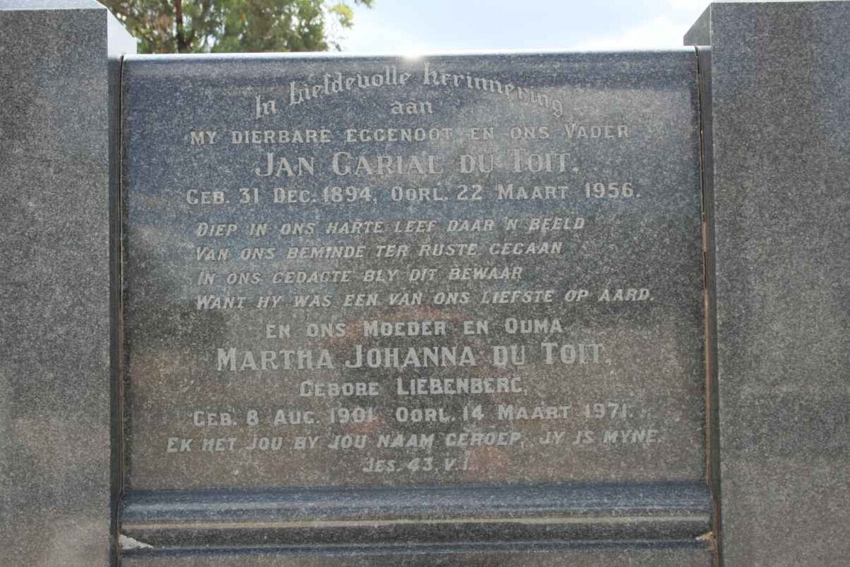 TOIT Jan Garial, du 1894-1956 &amp; Martha Johanna LIEBENBERG 1901-1971