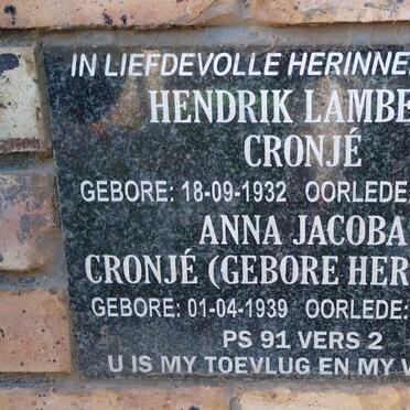CRONJE Hendrik Lambert 1932-2012  & Anna Jacoba HERHOLDT 1939-2019