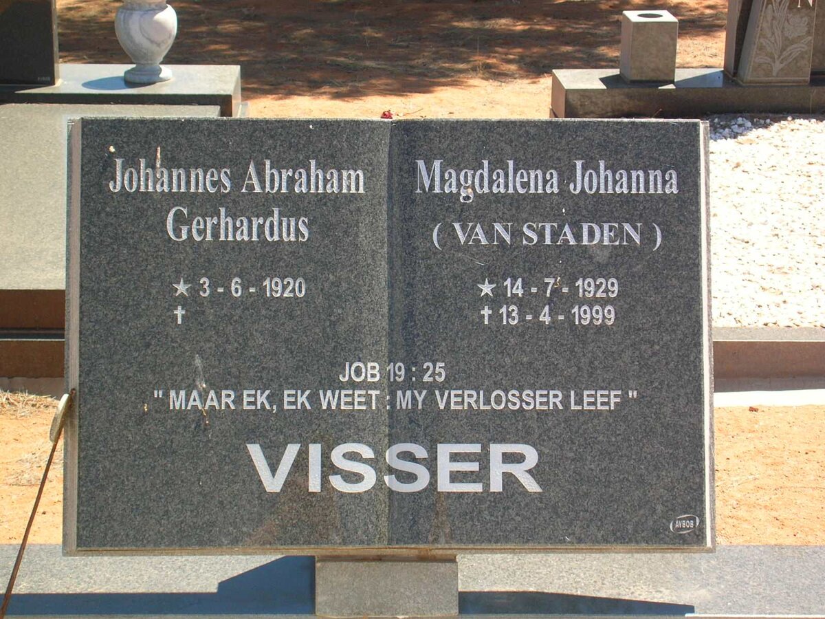 VISSER Johannes Abraham Gerhardus   -1920 &amp; Magdalena Johanna VAN STADEN 1929-1999