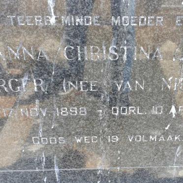 BURGER Johanna Christina Jacoba nee VAN NIEKERK 1898-1970