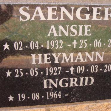 SAENGER Heymann 1927-2016 &amp; Ansie 1932-2011 :: SAENGER Ingrid 1964-