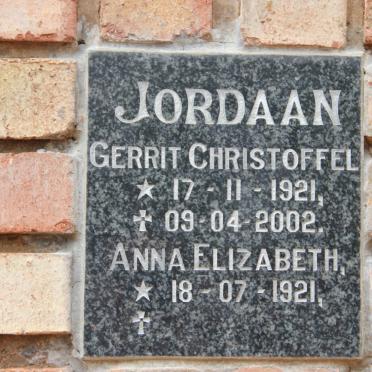 JORDAAN Gerrit Christoffel 1921-2002 &amp; Anna Elizabeth 1921-