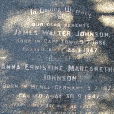 JOHNSON James Walter 1866-1947 &amp; Anna Ernestine Margarethe 1872-1947
