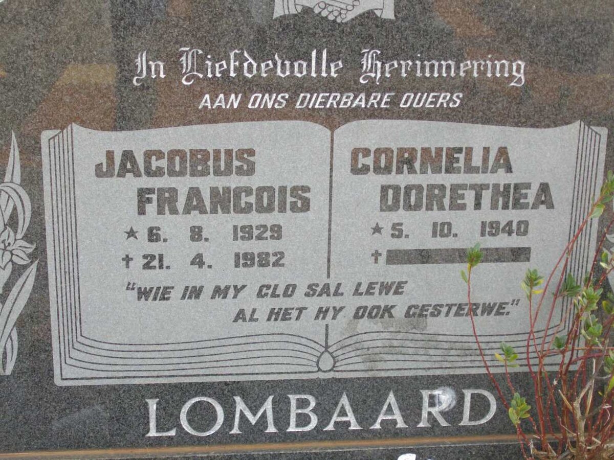 LOMBAARD Jacobus Francois 1929-1982 &amp; Cornelia Dorethea 1940-
