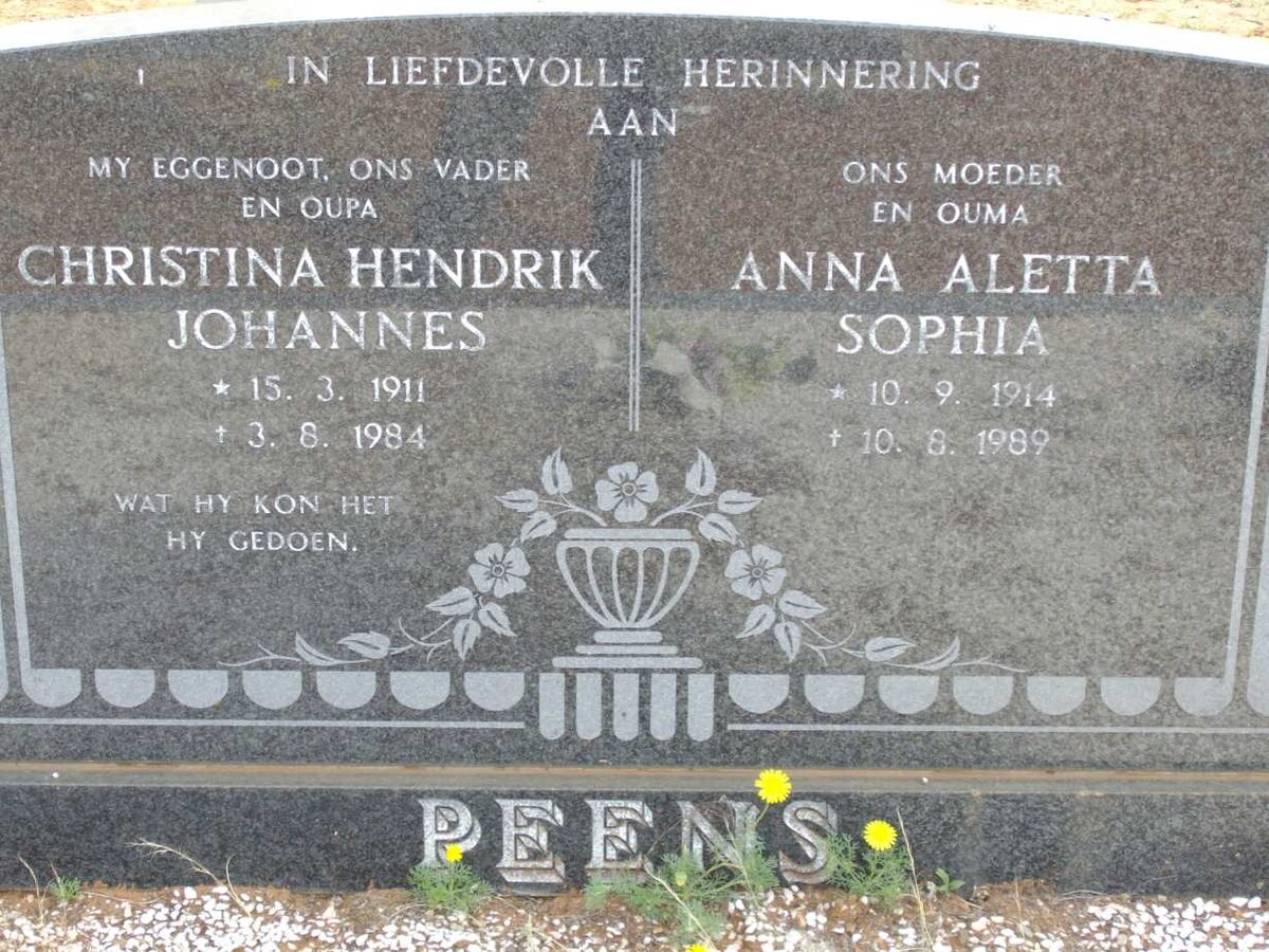 PEENS Christina Hendrik Johannes 1911-1984 &amp; Anna Aletta Sophia 1914-1989