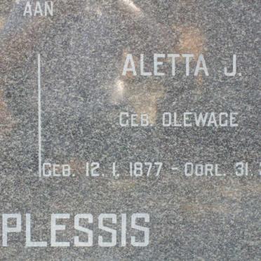 PLESSIS Jacobus Andries, du 1874-1961 &amp; Aletta J. OLEWAGE 1877-1967