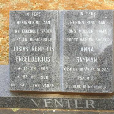 VENTER Josias Renierus Engelbertus 1908-1988 &amp; Anna SNYMAN 1917-2001