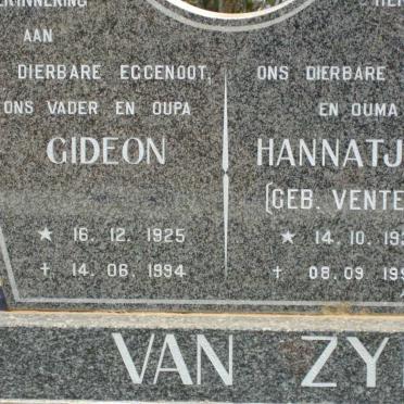 ZYL Gideon, van 1925-1994 &amp; Hannatjie VENTER 1937-1998
