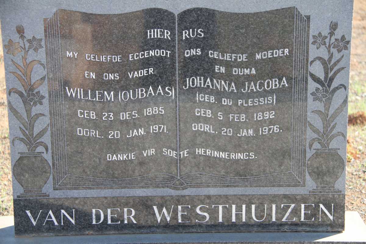 WESTHUIZEN Willem, van der 1885-1971 &amp; Johanna Jacoba DU PLESSIS 1892-1976