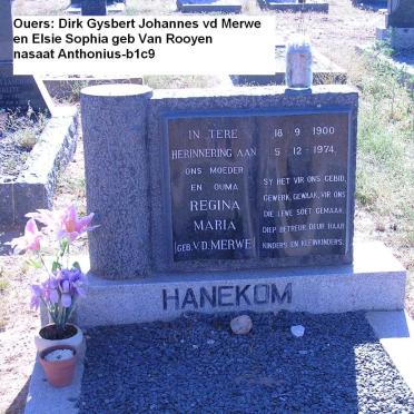 HANEKOM Regina Maria nee V.D. MERWE 1900-1974