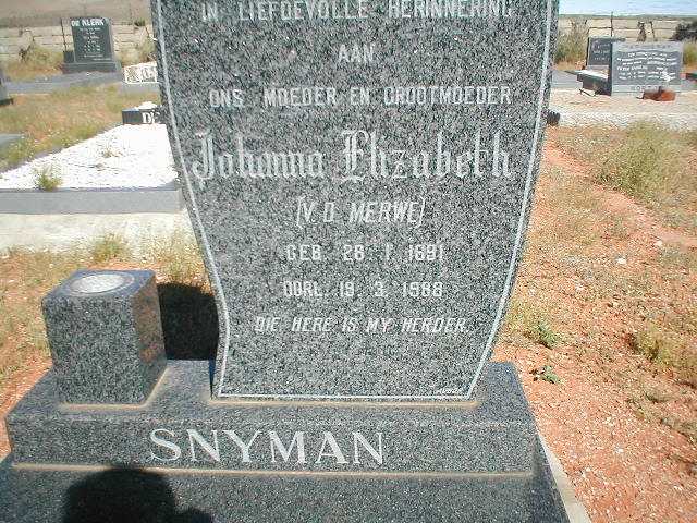 SNYMAN Johanna Elizabeth nee VAN DER MERWE 1891-1988