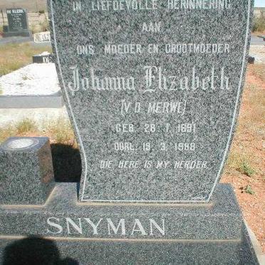 SNYMAN Johanna Elizabeth nee VAN DER MERWE 1891-1988
