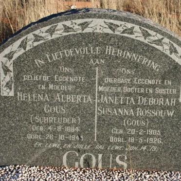 GOUS Helena Alberta nee SCHREUDER 1894-1945 :: ROSSOUW Janetta Deborah Susanna nee GOUS 1905-1926