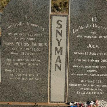 SNYMAN Frans Petrus Jacobus 1910-1965 &amp; Joey 1910-2003