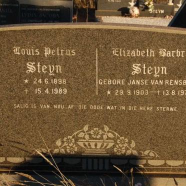 STEYN Louis Petrus 1898-1989 &amp; Elizabeth Barbra JANSE VAN RENSBURG 1903-1975