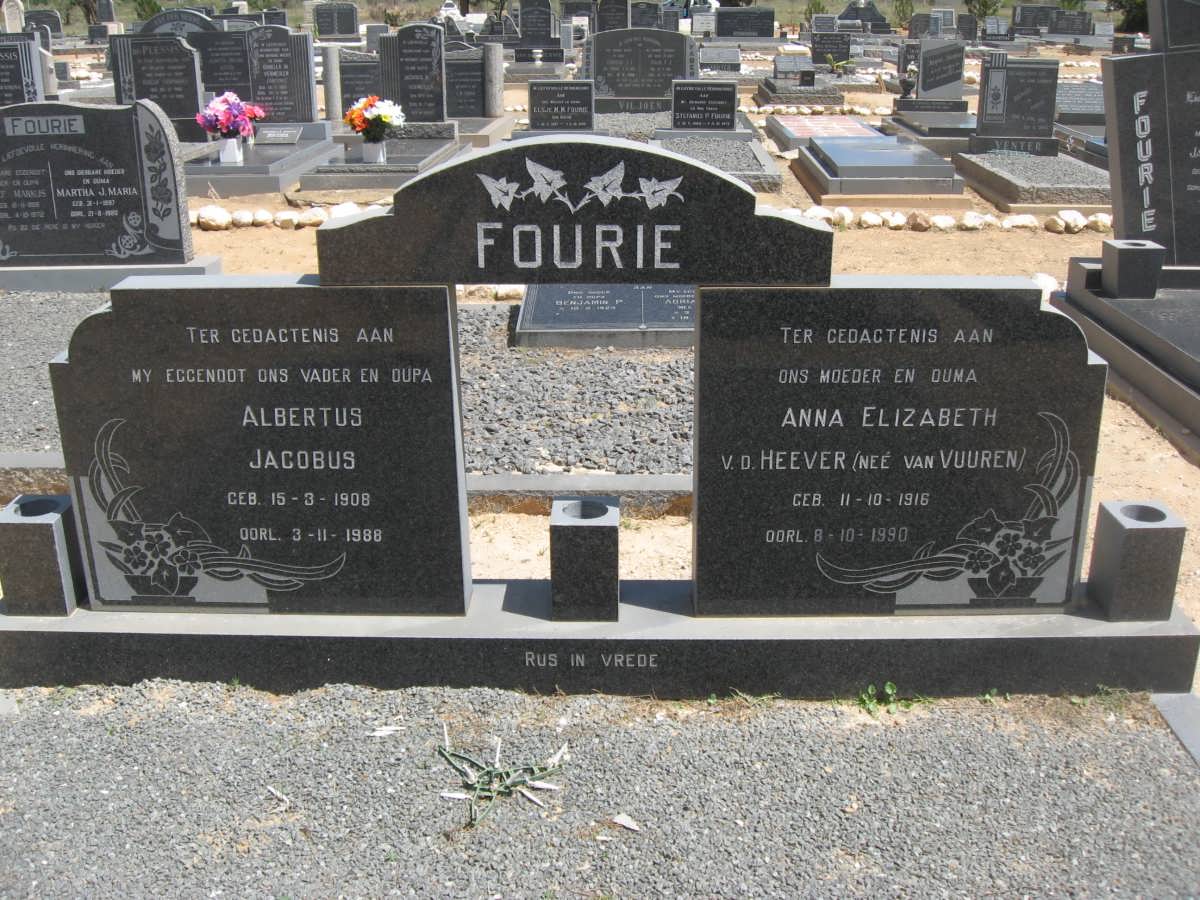 FOURIE Albertus Jacobus 1908-1988 &amp; Anna Elizabeth V.D. HEEVER voorheen FOURIE nee VAN VUUREN 1916-1990