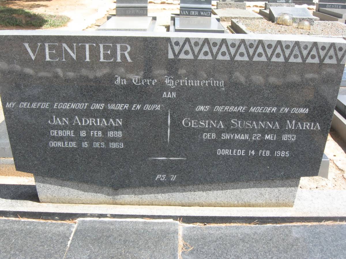 VENTER Jan Adriaan 1888-1969 &amp; Gesina Susanna Maria SNYMAN 1893-1985