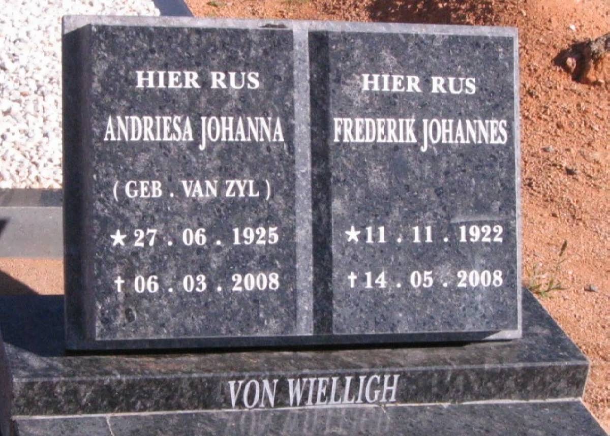 WIELLIGH Frederik Johannes, von 1922-2008 &amp; Andriesa Johanna VAN ZYL 1925-2008