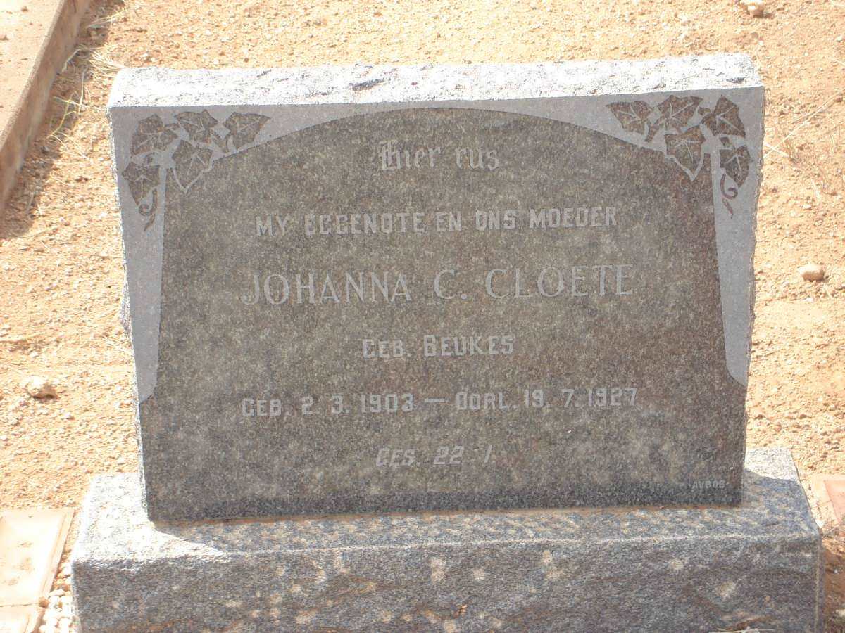 CLOETE Johanna C. nee BEUKES 1903-1927