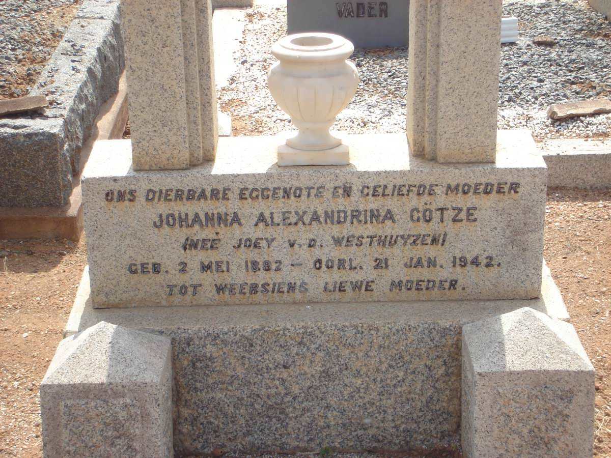 GOTZE Johanna Alexandrina nee V.D. WESTHUYZEN 1892-1942
