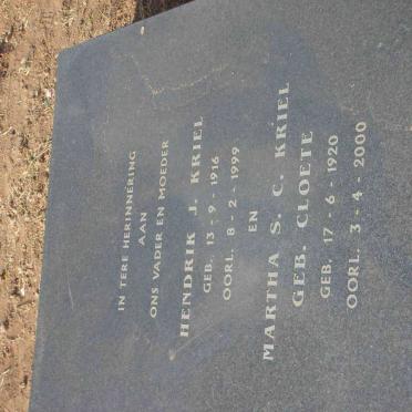 KRIEL Hendrik J. 1916-1999 &amp; Martha S.C. CLOETE 1920-2000