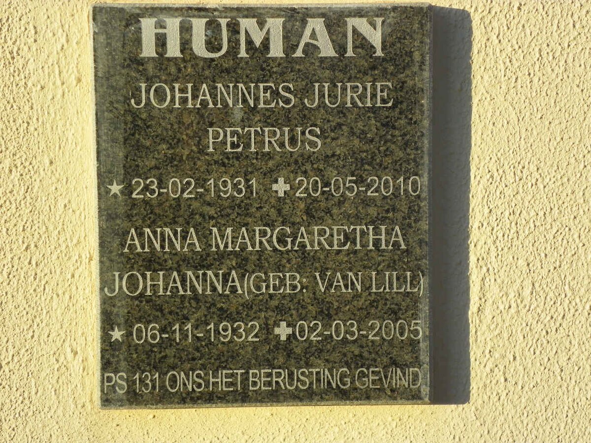 HUMAN Johannes Jurie Petrus 1931-2010 &amp; Anna Margaretha Johanna VAN LILL 1932-2005