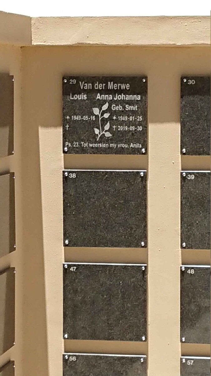MERWE Louis, van der 1949- &amp; Anna Johanna SMIT 1949-2019
