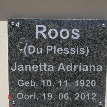 ROOS Janetta Adriana nee DU PLESSIS 1920-2012