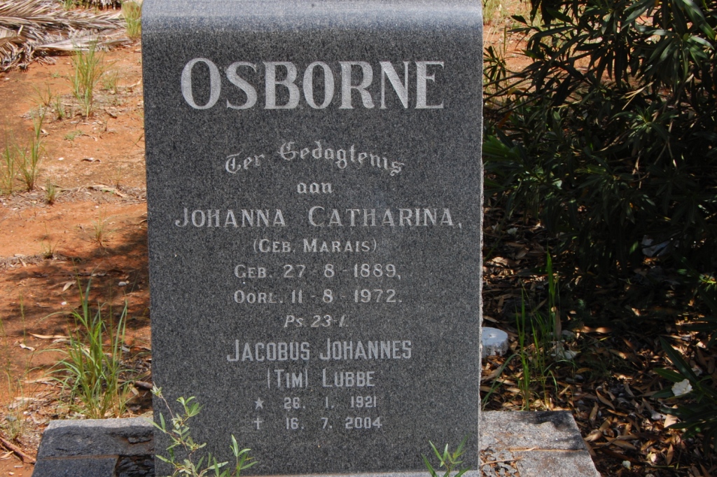 OSBORNE Johanna Catharina nee MARAIS 1889 1972 :: LUBBE Jacobus Johannes 1921-2004