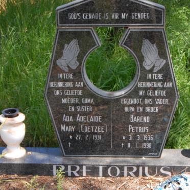 PRETORIUS Barend Petrus 1936-1998 &amp; Ada Adelaide Mary COETZEE 1931-