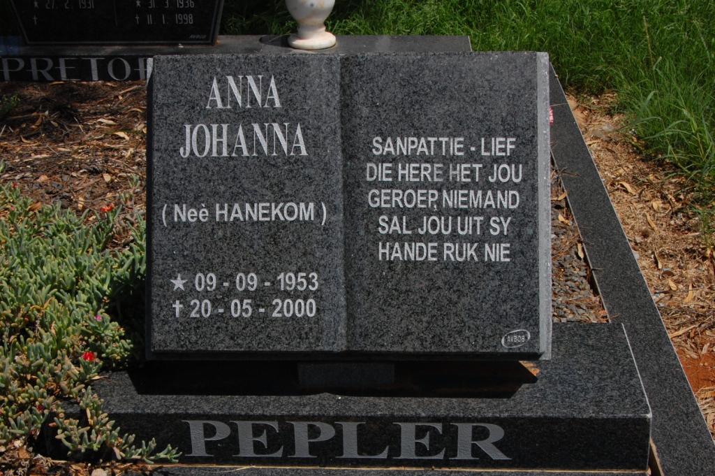 PEPLER Anna Johanna nee HANEKOM 1953-2000