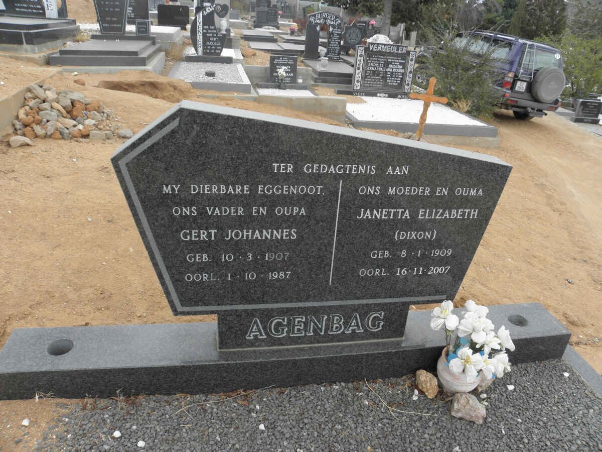 AGENBAG Gert Johannes 1907-1987 &amp; Janetta Elizabeth DIXON 1909-2007