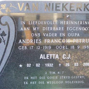 NIEKERK Andries Francois Petrus, van 1919-1986 &amp; Aletta C.J. 1932-2002